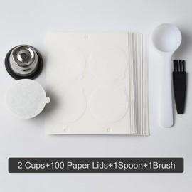 Cápsulas de café reutilizables de acero inoxidable recargables con sellos de papel biodegradables, tapas adhesivas compatibles con máquinas Nespresso de línea original (2 tazas + 100 tapas)