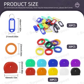 Swpeet 90Pcs Tags With Split Ring Label Window and Caps Kit, Assorted Colors Covers Protectors Identifier Coding Label Covers Fits for Standard Regular Thin Flat House Keys