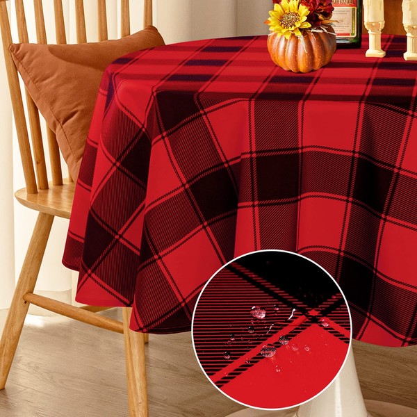 MikiUp Checkered Round Christmas Tablecloth - Waterproof and Washable Gingham
