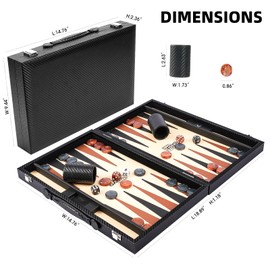 Backgammon Sets for Adults, 15 Inch Premium Carbon Fiber Faux Leather Backgammon Set, Luxury Backgammon Board Games for Travel & Home, Black