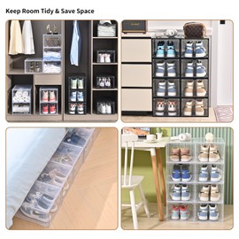 KEFA XXL Magnetic Drop Front Shoe Storage Box, 6 PACK Shoe Boxes Clear Plastc Stackable Container, Sneaker Storage Display Case Fit for US 15(6 PACK CLEAR)