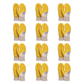 ONAU SAFETY Men's Cotton Knit Work Gloves, Size 11, 12 Pairs, Protective Nitrile Coated, Yellow White, Assembly Gloves, for Assembly Work, Mechanics, Service, Transport and Construction