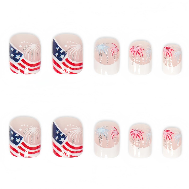Independence Day Press on Nails Short Square French Tip Fake
