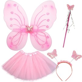 Fairy Wings Costume Kids, Fairy Costume Fancy Dress Up Tutu Skirt Fairy Costume Fairy Butterfly Wings Set Dress Tulle Costume Fairy Wing Fairy Wands Hairband for Party Cosplay Dress Up (2-10 Years)
