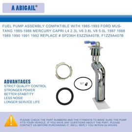 Fuel Pump Assembly Compatible with 1985-1993 Ford Mustang 1985-1986 Mercury Capri L4 2.3L V6 3.8L V8 5.0L 1987 1988 1989 1990 1991 1992 Replace # SP236H E5ZZ9A407B, F1ZZ9A407B