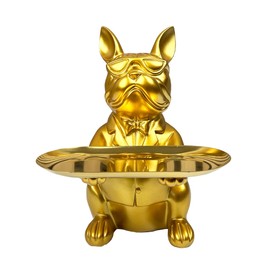 Alfie Francis 22cm Tall Gold Resin French Bulldog Ornament Holding Trinket Dish/Tray Figurine Statue Sculpture Home Decoration