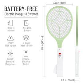NINESTARS Battery-Free Electric Fly Swatter, Press-to-Charge Mosquito Zapper with Triple-Layer Mesh, Durable ABS, Eco-Friendly, Ready to Use Anytime, No Batteries and Charging Needed