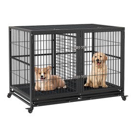 42 inch Metal Dog Crate, Heavy Duty Dog Crate with Divider, 2 Feeding Door and Bowls, Dog Kennel Indoor with Wheels, for 2 Small Dogs/1 Large Dog