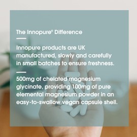 INNOPURE Magnesium Glycinate Capsules - Bioavailable Magnesium Supplements - 500mg Per Capsule Providing 100mg of Elemental Magnesium Bisglycinate Powder, 90 Capsules, UK Made