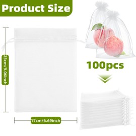 100Pcs Fruit Protection Bags 6''×9'' Fruit Netting Bags for Fruit Trees White Fruit Netting Cover Mesh Bags with Drawstring Reusable Organza Bags Pest Barrier for Protect Plant Fruit Flower Vegetable