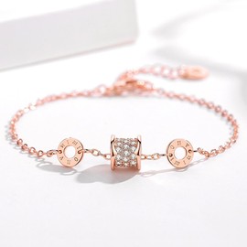 TOFBS Bracelet for Women Ladies S925 Silver Roman Numerals Cubic Zirconia Rose Gold-Plated Crystal Adjustable Dainty Classic Friendship Bracelet Fashion Jewellery Gift, Metal