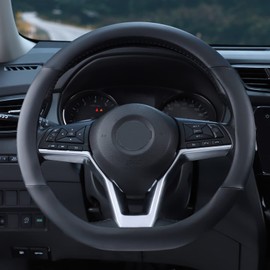 SEG Direct Flat Bottom Steering Wheel Cover, D Shaped Car Wheel Cover 14 1/2-15 in. (37-39 cm), Black Microfiber Leather