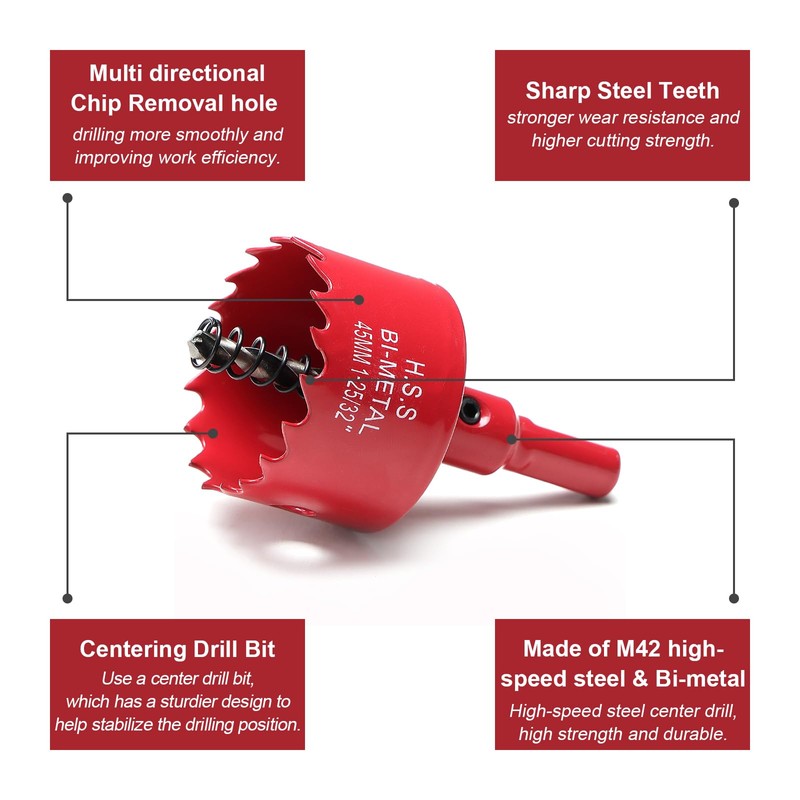 45 mm Hole Saw, Bi-Metal Circular Saw for Wood, HSS
