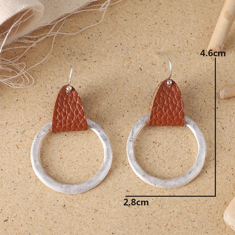 Women Pu Leather Geometric Irregular Round Earring Square Dangle Drop