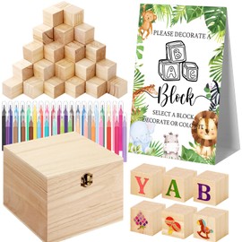 Marsui 136 Pcs Baby Shower Blocks to Decorate Game Kit Includes 98 Wooden Blocks, 36 Markers, 1 Game Sign, 1 Storage Box for Baby Shower Gender Reveal Activity Party Decorations(Animal)
