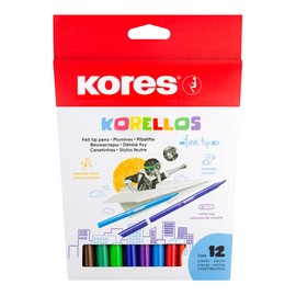 Kores - KORELLOS: 12 Colourful Felt Tip Pens for Children and Adults with Fine Tip, Washable and Long-Lasting, School Supplies Set with 12 Assorted Colours