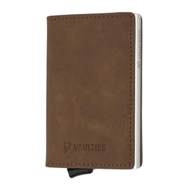 Vaulties - Men’s Leather RFID Wallet – Slim Aluminum Automatic Pop-Up Card Holder with 8 Card Slots, Strong Magnets for secure Closure, and RFID Blocking for Credit Card Protection, Brown, Minimalist