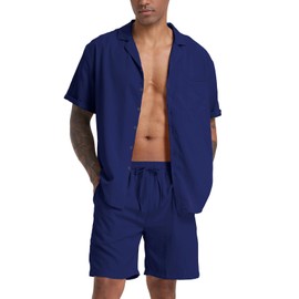 RPOVIG - Camisas de lino para hombre, conjunto de 2 piezas, con botones, casual, verano, para día festivo, Azul oscuro, X-Large
