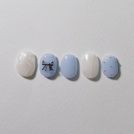 [Design Nail Tips] Blue Ribbon - Short Ballet / [디자인 네일팁] 블루 리본 - 숏발레