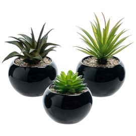 MyGift Mini Assorted Artificial Succulents in Round Black Ceramic Pots, Mixed Realistic Indoor House Plants, Set of 3