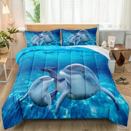 BDUCOK Dolphin Bedding Set Cute Dolphin Jumping Blue Ocean Animal Themed Comforter Set for Kids Boys Girls Adult Room Decor Dolphin Comforter Cover Queen Size 1 Comforter wiht 2 Pillowcases