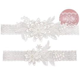 IMOMOTO White Wedding Garters for Bride, Non Slip Silicone Lace Bridal Garters Set with Pearls Plus Size (Off White, Small)