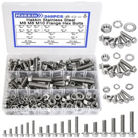 Hakkin 248Pcs Flanged Hex Bolts M6 M8 M10 Metric Bolt Assortment, Flange Hex Bolts and Nuts Kit M6 Bolt M8 x 1.25 M10-1.5 Stainless Steel Hex Head Screws Nuts Washers Assortment Kit
