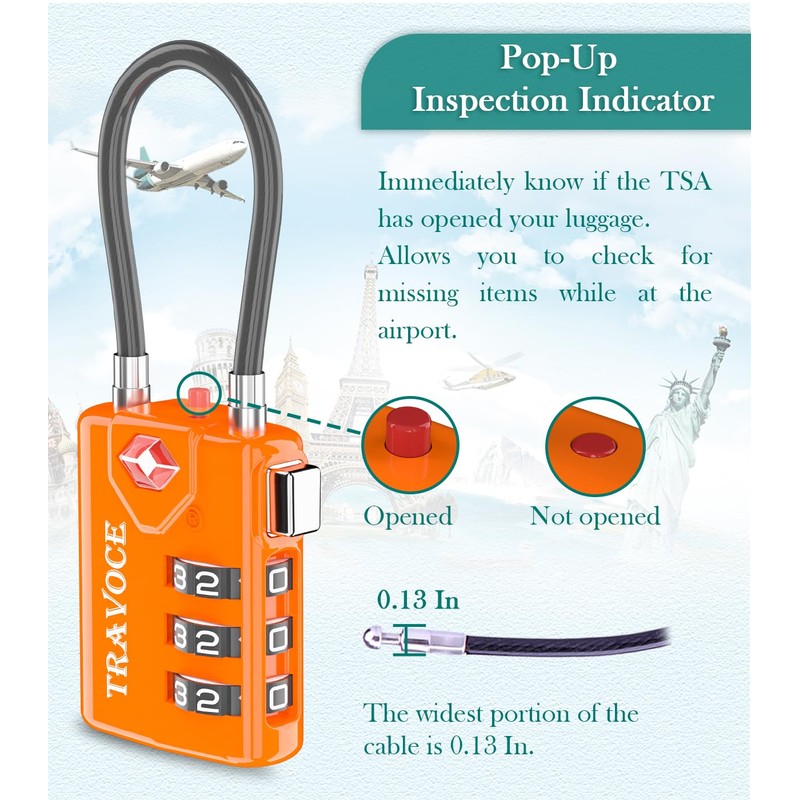 Search Alert TSA Approved Travel Combination Luggage Cable Locks for