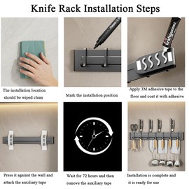 Yiliker Stainless Steel Wall-Mounted Knife Rack with 9 Hooks – No-Drill Kitchen Organizer, Rust-Resistant Wall Storage for Knives and Utensils, Space-Saving Modern Gray Design (19.7inches)