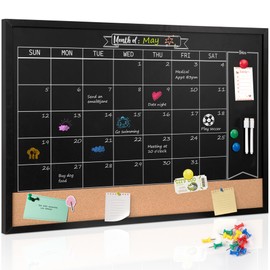 Board2by Monthly Chalkboard Calendar & Cork Board for Wall, 24"x36" Magnetic Chalk Calendar Board Combo Board, Large Wall Mounted Combination Board Blackboard for Office, Kitchen, School, Home, Black