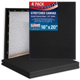 U.S. Art Supply 16 x 20 inch Black Stretched Canvas 12-Ounce Primed, 4-Pack - Professional Artist Quality 3/4" Profile, 100% Cotton, Heavy-Weight, Gesso - Painting, Acrylic Pouring, Oil Paint
