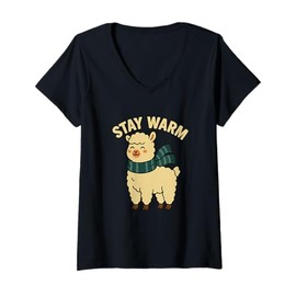 Womens Stay Warm Winter Llama Funny Animal Graphic V-Neck T-Shirt