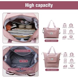 YAMEE Foldable Travel Bag with Large Capacity, Portable Travel Bags, Waterproof Sports Bag with Wet Compartment, Weekender Bag with Expandable Space, Sports Bag Oxford Fabric Travel Bag, pink