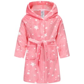 Girls Fleece Robe, Hooded Toddler Soft Fuzzy Bathrobe for Kids 2-16 Years Pink Star 9-12 Years