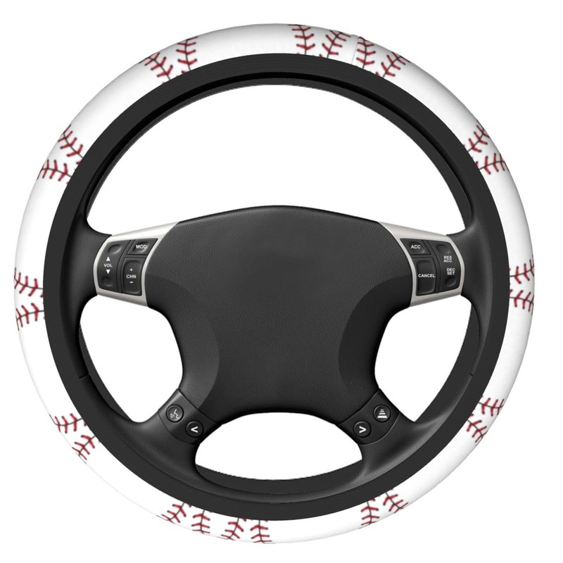 White Baseball Red Lace Steering Wheel Cover, Non Slip Durable