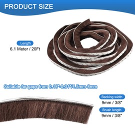 Awclub Brush Weather Stripping, 3/8" Backing x 3/8" Brush x 20ft Felt Pile Door Seal Strip for Sliding Door Window Wardrobe - Self-Adhesive Brown (Windproof Dustproof Soundproof)