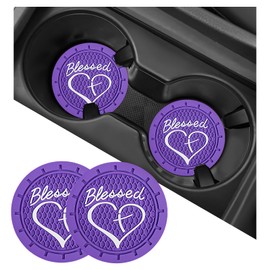 SHMZK 2 PCS Car Cup Holder Coaster, 2.76 Inch Blessed Cross and Heart Vehicle Insert Cup Coasters, Anti-Slip Shockproof PVC Drink Cup Mats for Most Vehicles, Car Accessories (Dark Purple)