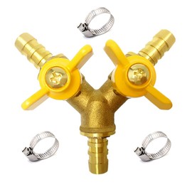 Hooshing Brass 3 Way Shut Off Valve 3/8" Hose Barb 2 Switch Y Shaped Ball Valve with Stainless Clamps for Water Fuel Air