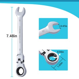 B4B BANG 4 BUCK 15mm Ratcheting Combination Wrench Metric, Flex Head Ratcheting Wrench Spanner with 12-Point Design, 72-Tooth Ratchet, Chrome Vanadium Steel