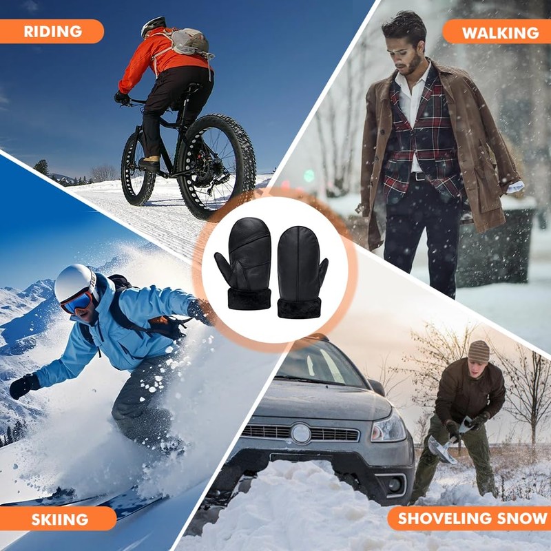 Men Winter Mittens Shearling Sheepskin Fur Lined Leather Mittens,Black,S