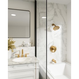 WOWOW Brushed Gold Bathroom Faucet Widespread Bathroom Sink Faucet 2 Handle Lavatory Tap 3 Holes with Drain and Supply Hoses Mordern Basin Taps