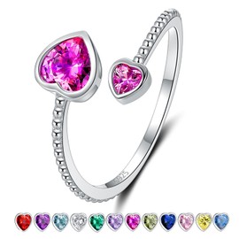 Step Forward S925 Sterling Silver July Birthstone Ring for Women, Adjustable Rose Red Heart Promise Rings for BBF, Constellation Birthday Thanksgiving Day Christmas Valentine's Day Gifts Jewelry