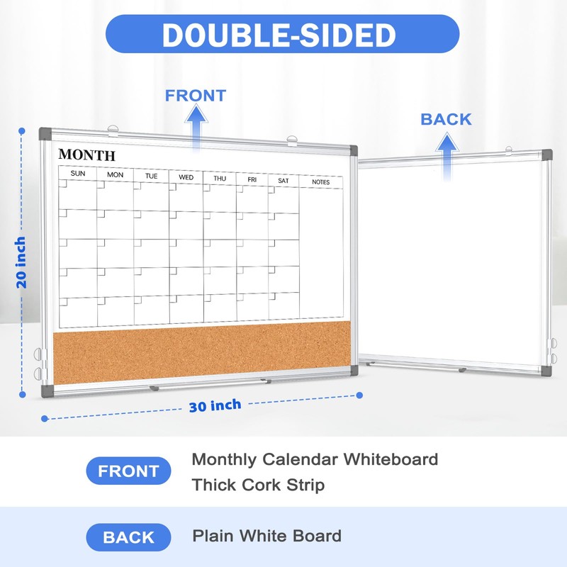 Monthly Calendar Whiteboard Dry Erase Cork Board Combo for Wall,
