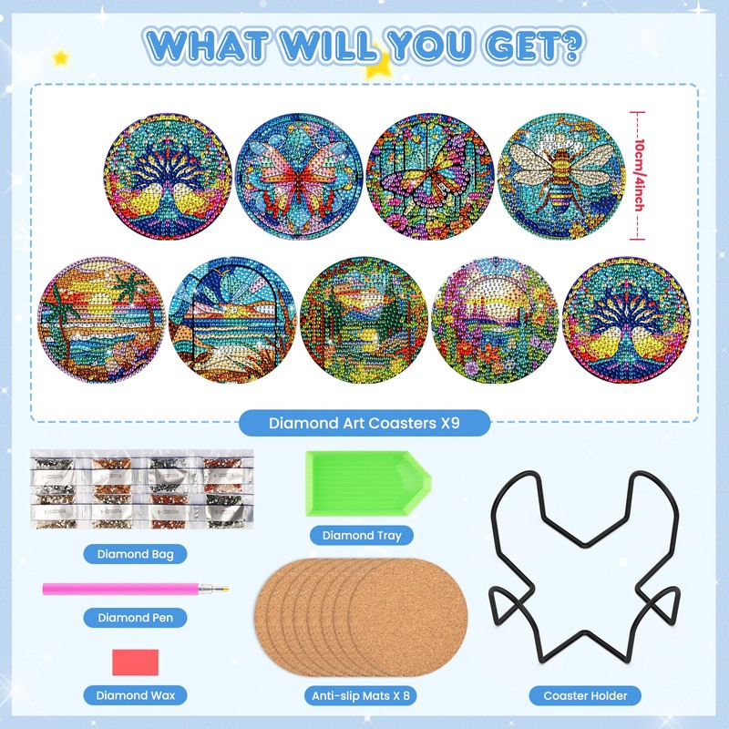 Bowetile 9PCS Diamond Art Coasters Kit with Holder, Stained Glass