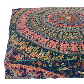Popular Handicrafts Floor Pillow Cushion Cover - Hippie Elephant Mandala Square Ottoman Daybed Oversized Cotton Cushion Cover with Heavy Duty Zipper - Dog-Pets Bed, 35" Blue