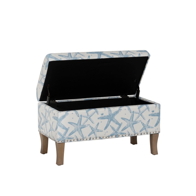 Linon Stephanie Cream and Light Blue Starfish Fully Upholstered Bench
