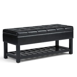 SIMPLIHOME Saxon Storage Ottoman Bench - 43 inch Wide Upholstered Vegan Leather Rectangle Storage Ottoman in Midnight Black, Transitional Bench for Bedroom with Tufted Lift-Top and Open Bottom Shelf