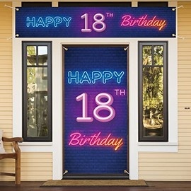 Neon Happy 18th Birthday Door Cover Porch Banner and Large Yard Sign Set Decor Colorful - Glow Neon Theme 18 Years Old Birthday Party Decoraions for Boys Girls Supplies