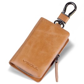 VISOUL Leather Car Key Fob Case Holder for Men and Women, Car Smart Keychain Protector Cover with Metal Hook and Keyring, Key Zipper Case for House Keys (D01-Tan)
