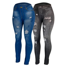 CLOYA Women's Denim Print Fake Jeans Seamless Fleece Lined Leggings, Full Length (Large - X-Large, Black Blue Rustic Pack)